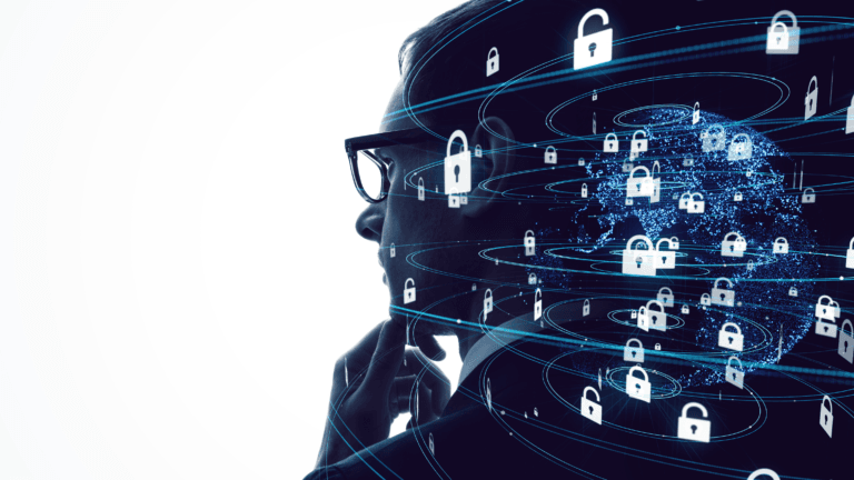 cyber attacks. Person with digital locks surrounding them.