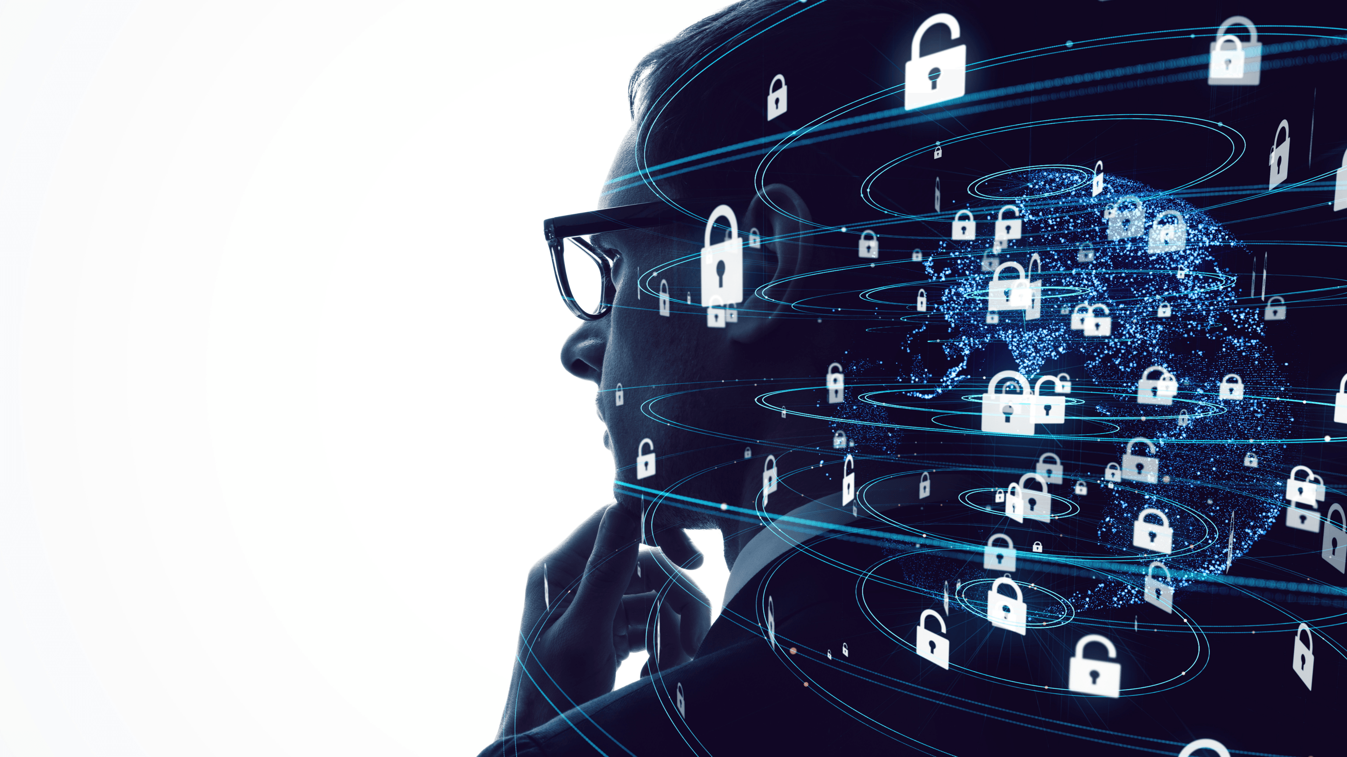 cyber attacks. Person with digital locks surrounding them.